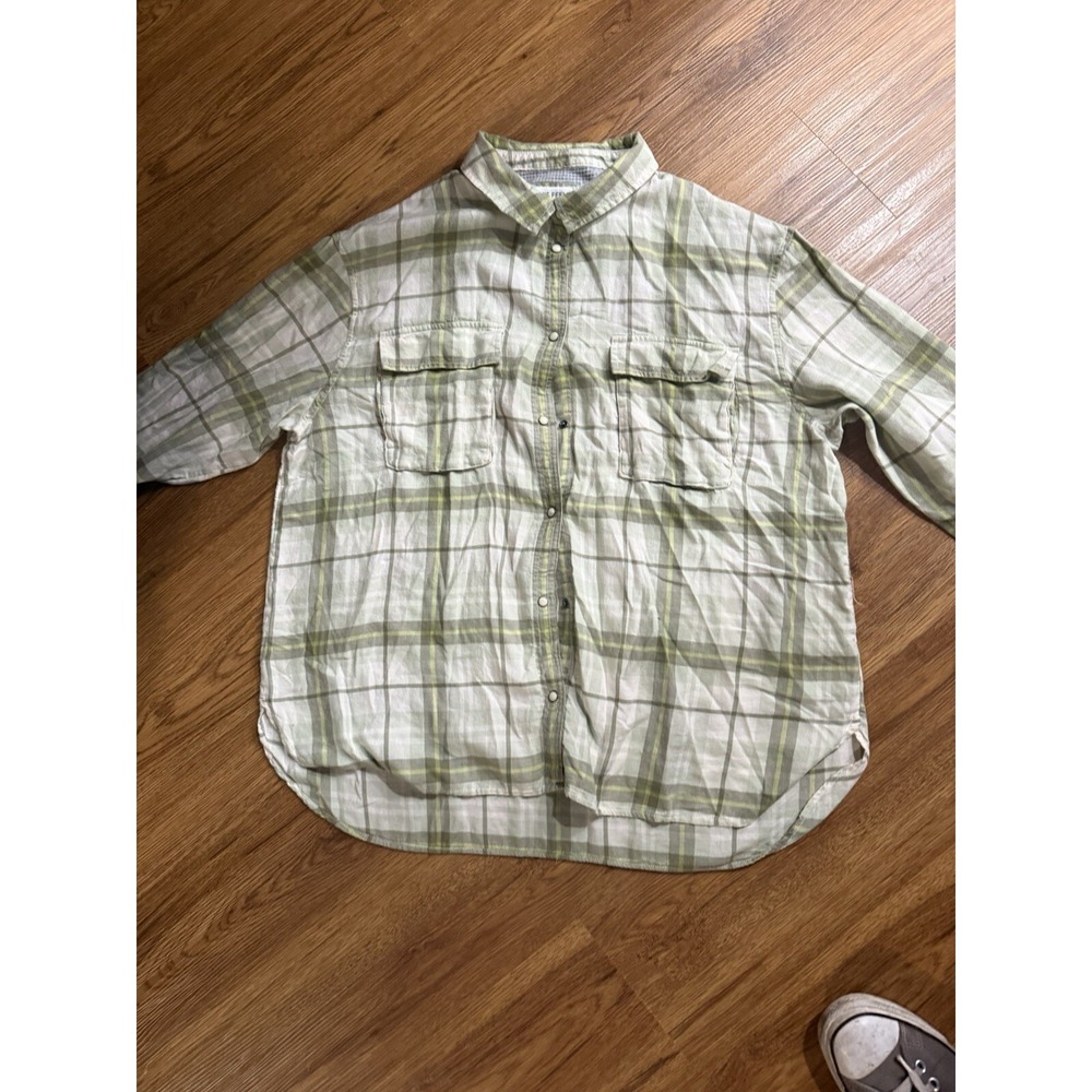 American Eagle Seriously Lived-In Snap Front Green Plaid Flannel Shirt-Size‎ XL